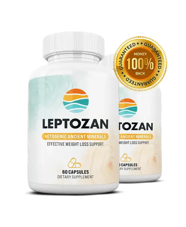 Two bottles of Leptozan with a 100% money-back guarantee seal