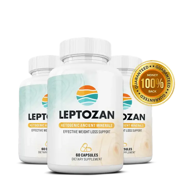 Three bottles of Leptozan with a money-back guarantee seal